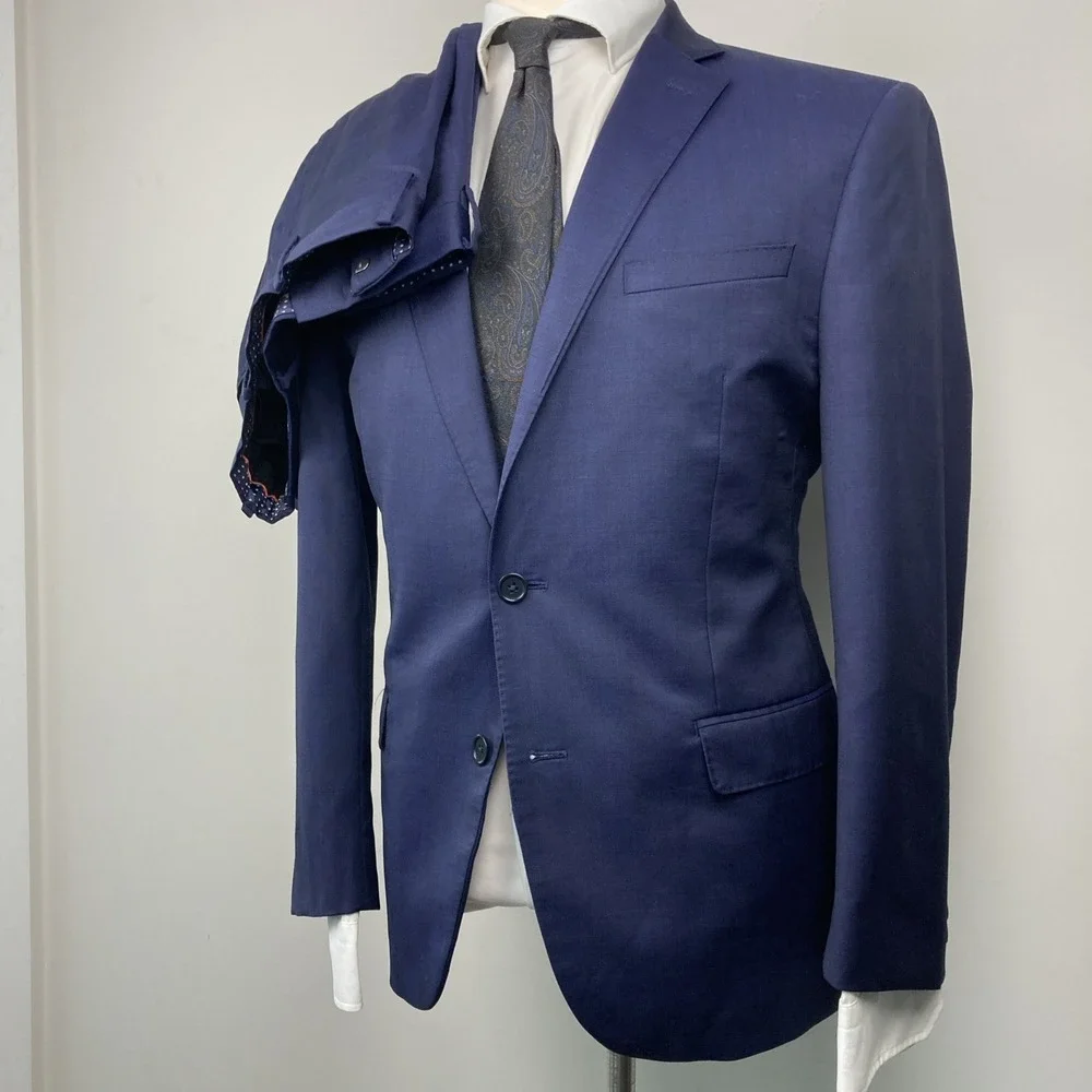 TALLIA Mens Wool 2-pc Suit 100%wool Size 42R 34x27.5 Navy Plaid Flat Front